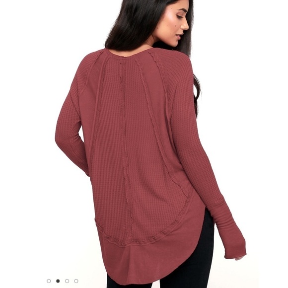We the Free People Waffle Knit Laguna Thermal Long Sleeve Burgundy Shirt XS - Picture 7 of 12